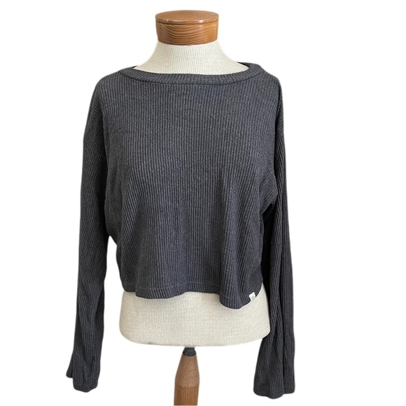 Rip Curl Sweaters - Rip Curl Dark Grey Ribbed Cropped Flare Sleeve Pullover Sweater